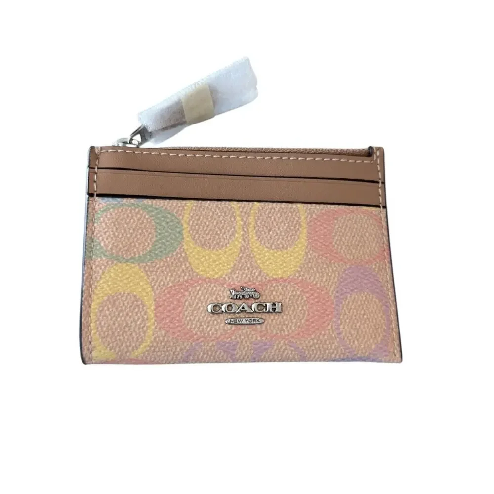 Coach Mini Skinny Id Window Case with key ring In Rainbow Signature Canvas